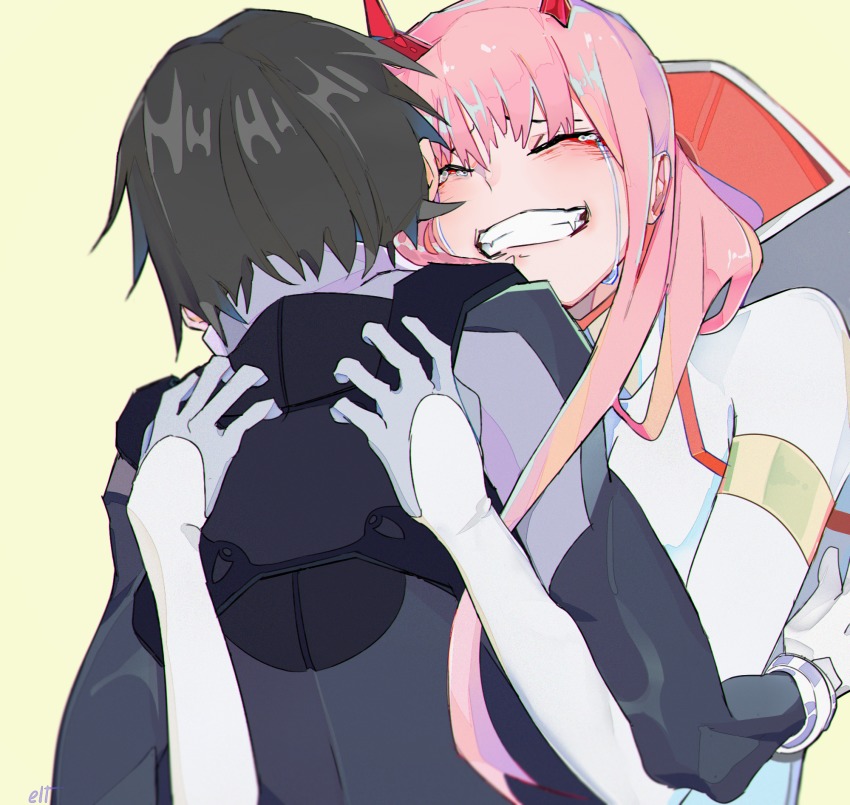 10s, 1boy, 1girl, black_hair, bodysuit, closed_eyes, darling_in_the_franxx, elt-reslenn, height_difference, highres, hiro_(darling_in_the_franxx), hug, long_hair, mecha_pilot_suit, pink_hair, short_hair, white_bodysuit, zero_two_(darling_in_the_franxx)