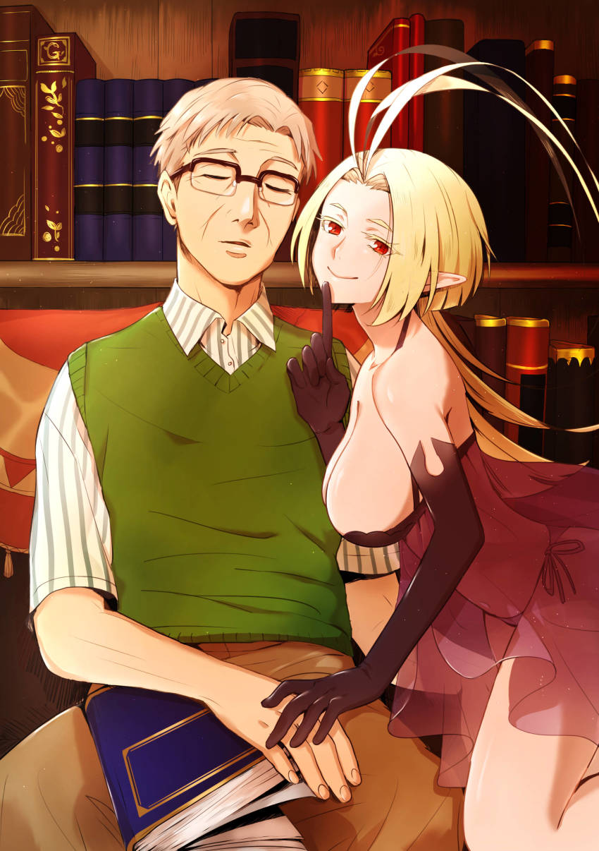 1boy, 1girl, absurdres, age_difference, ahoge, bare_shoulders, blonde_hair, bra