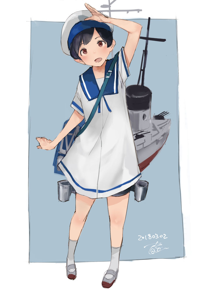 1girl, anti-aircraft, anti-aircraft_gun, black_hair, blue_sailor_collar, brown_eyes, dated, depth_charge_projector