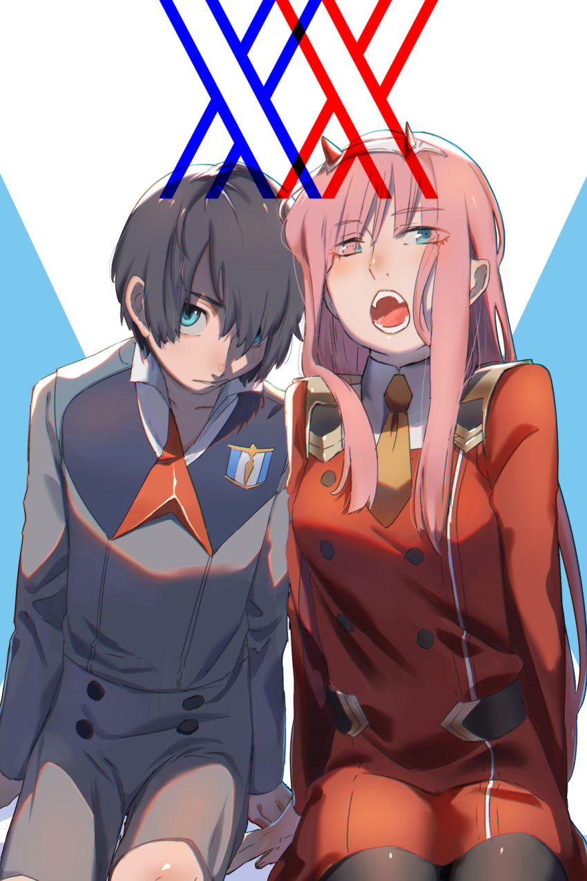 10s, 1boy, 1girl, black_hair, black_pantyhose, darling_in_the_franxx, dress, green_eyes
