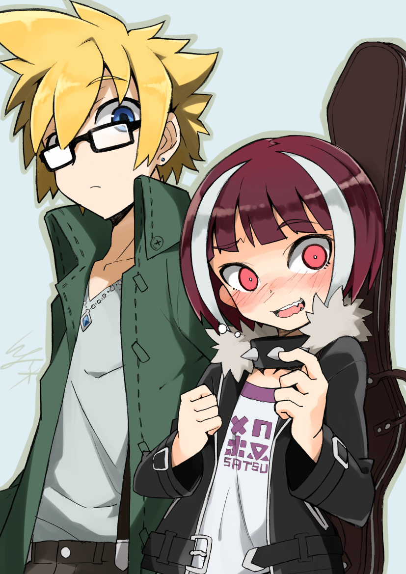 1boy, 1girl, :d, azure_striker_gunvolt, azure_striker_gunvolt_2, belt, belt_buckle, black_belt