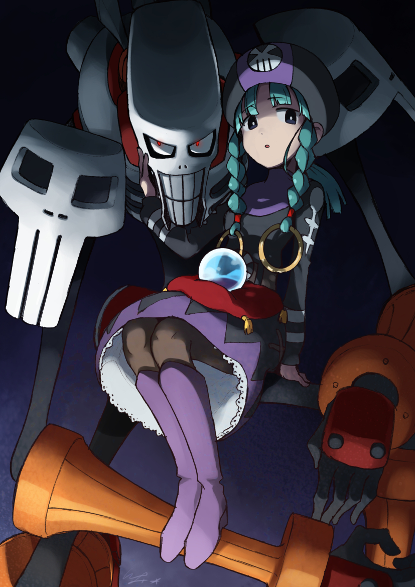 1girl, :o, aqua_hair, arm_at_side, beanie, black_dress, black_eyes, black_pantyhose, blunt_bangs, boots, braid, bright_pupils, dress, eyebrows, hat, io_naomichi, knee_boots, long_hair, long_sleeves, mega_man_(series), mega_man_battle_network, mega_man_battle_network_(series), mega_man_battle_network_1, miyu_(mega_man), open_mouth, pantyhose, purple_footwear, sitting, skull, skullman.exe, turtleneck, twin_braids, white_pupils