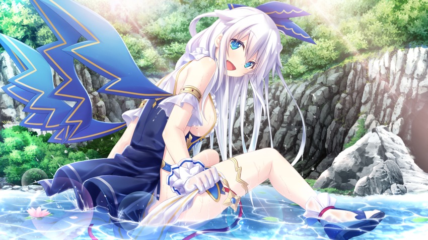 1girl, :d, amayui_castle_meister, armlet, blue_eyes, blue_footwear, blue_ribbon, blue_wings