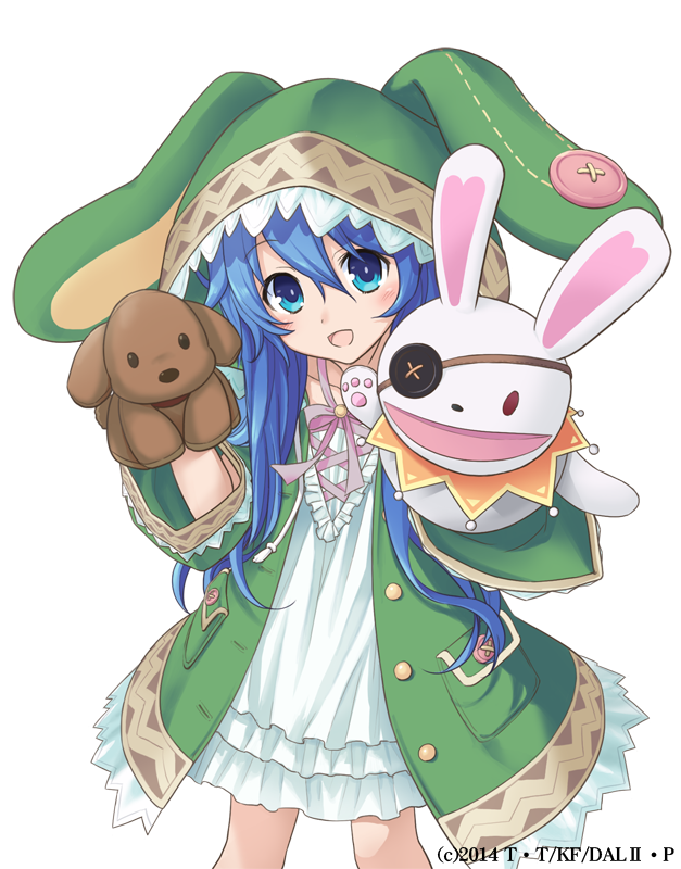 1girl, :d, animal_hood, blue_eyes, blue_hair, coat, collarbone, date_a_live