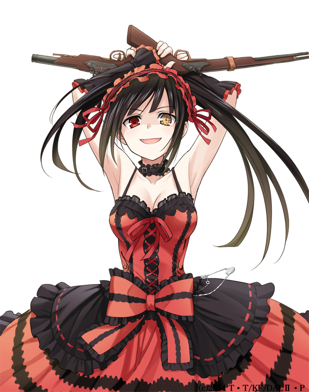 1girl, :d, armpits, arms_up, asymmetrical_hair, black_hair, bow, breasts