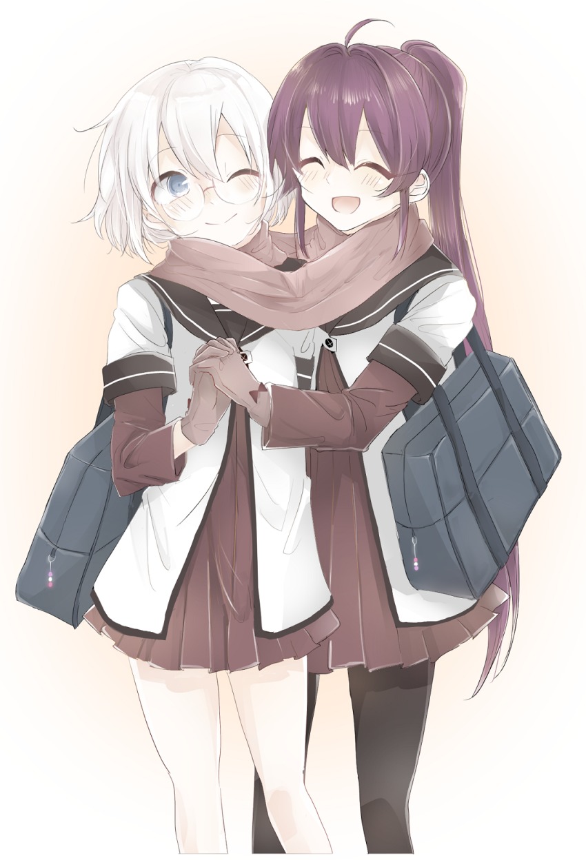 2girls, :d, ^_^, ahoge, bad_id, bad_pixiv_id, bag, black_legwear