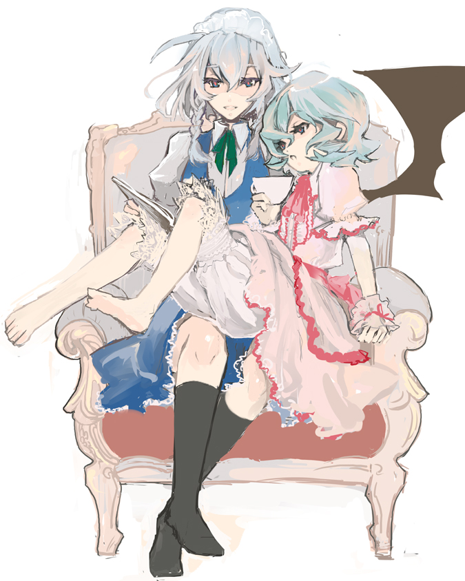 2girls, bad_id, bad_pixiv_id, barefoot, bat_wings, blue_hair, book, cup