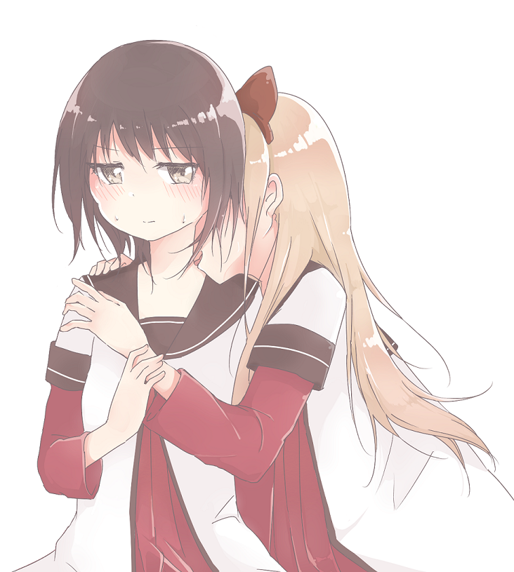 2girls, bad_id, bad_pixiv_id, blonde_hair, blouse, blush, bow, female_focus, funami_yui, layered_sleeves, licking, licking_another's_neck, long_hair, long_sleeves, multiple_girls, nateco, school_uniform, shirt, short_over_long_sleeves, short_sleeves, simple_background, sweat, tongue, toshinou_kyouko, white_background, white_shirt, yuri, yuruyuri