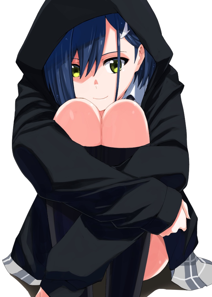 10s, 1girl, bad_id, bad_pixiv_id, black_hoodie, blue_hair, closed_mouth, commentary_request
