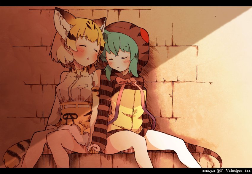 10s, 2girls, animal_ears, bad_id, bad_twitter_id, bare_legs, blonde_hair, blue_hair