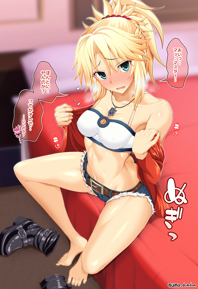 1girl, ass, bandeau, bare_shoulders, belt, blonde_hair, blush, boots, braid, breasts, cleavage, collarbone, covered_erect_nipples, cutoffs, denim, denim_shorts, fang, fate/apocrypha, fate_(series), feet, female_focus, full-face_blush, green_eyes, hair_ornament, hair_scrunchie, half_up_braid, jacket, jewelry, legs, looking_at_viewer, medium_breasts, micro_shorts, mordred_(fate), mordred_(fate/apocrypha), mordred_(memories_at_trifas)_(fate), necklace, off_shoulder, on_bed, open_clothes, open_jacket, open_mouth, parted_bangs, pendant, ponytail, red_jacket, scrunchie, shoes, shorts, sitting, solo, stomach, thighs, translated, unadon, unworn_boots, unworn_shoes, wavy_mouth