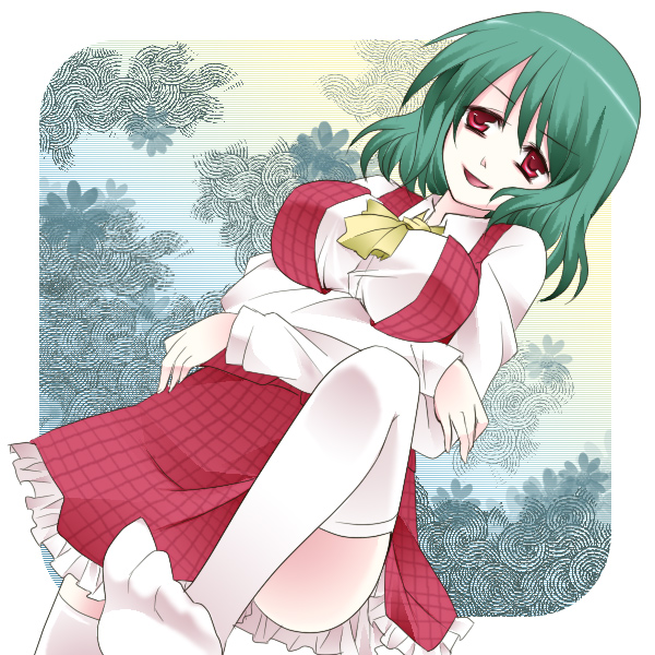 1girl, bad_id, bad_pixiv_id, breasts, dutch_angle, feet, female_focus, green_hair, huge_breasts, kazami_yuuka, pov, red_eyes, short_hair, solo, tepengu, thighhighs, touhou, white_thighhighs