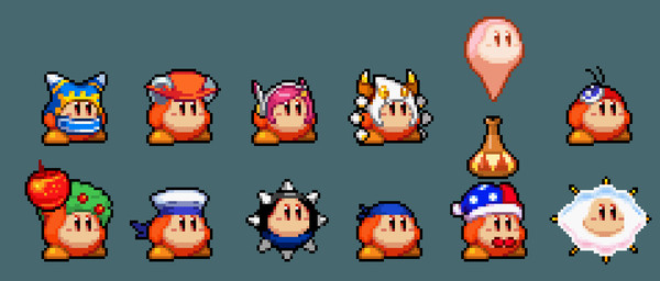animal_ears, apple, bandana_waddle_dee, blush, bottle, bow, bowtie, cloud, daroach, food, fruit, fusion, ghost, gordo, hat, headgear, headphones, jester_cap, kirby:_planet_robobot, kirby_(series), kracko, magolor, marx_(kirby), mouse_ears, nintendo, pink_hair, pixel_art, spikes, susie_(kirby), taranza, waddle_dee, waddle_doo, wapod, whispy_woods