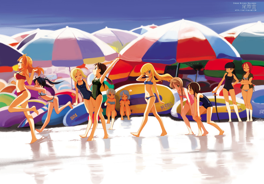 00s, 501st_joint_fighter_wing, 6+girls, barefoot, beach, bikini, braid, charlotte_e._yeager