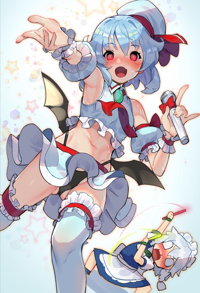 2girls, @_@, alternate_costume, apron, armpits, ascot, bare_shoulders, bat_wings, black_panties, blood, blue_background, blue_thighhighs, blush, bow, brooch, commentary_request, detached_sleeves, foreshortening, hat, hat_ribbon, highleg, highleg_panties, holding, holding_microphone, izayoi_sakuya, jewelry, looking_at_viewer, m/, maid_headdress, microphone, mini_hat, miniskirt, multiple_girls, navel, nosebleed, outstretched_arm, panties, red_ascot, red_bow, red_eyes, red_ribbon, remilia_scarlet, ribbon, scottie_(phantom2), short_hair, silver_hair, skirt, smile, star_(symbol), stomach, sweat, thighhighs, thighs, touhou, underwear, waist_apron, white_hat, white_legwear, wings, wotagei, wrist_cuffs, wristband