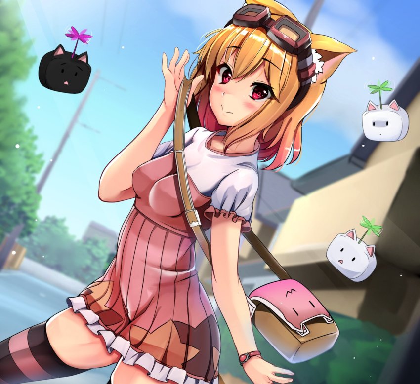 1girl, :>, animal_ears, bag, black_thighhighs, blue_sky, blurry, blurry_background