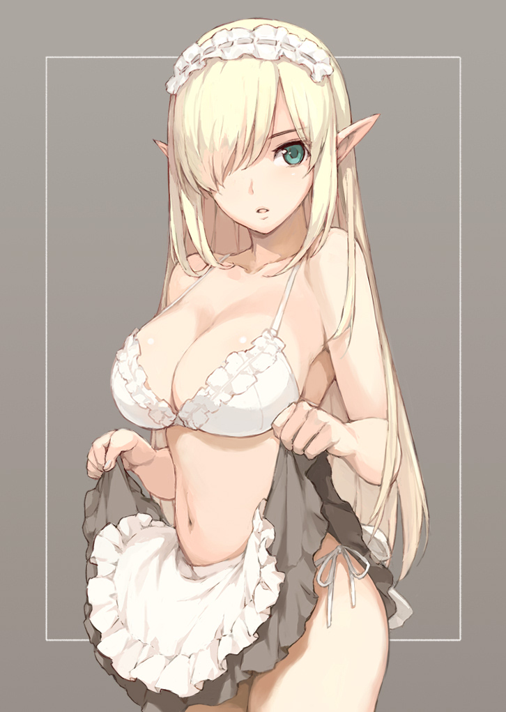 1girl, apron, aqua_eyes, blonde_hair, bra, breasts, cleavage, clothes_lift