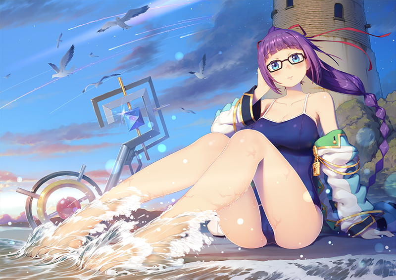 1girl, ass, beach, bethor_(million_arthur), bird, blue_eyes, blue_sky, blue_one-piece_swimsuit, braid, breasts, cleavage, cloud, competition_school_swimsuit, day, detached_sleeves, glasses, hair_ribbon, han-gyaku-sei_million_arthur, hand_up, large_breasts, lighthouse, long_hair, million_arthur_(series), one-piece_swimsuit, outdoors, purple_hair, red_ribbon, ribbon, school_swimsuit, seagull, sitting, sky, staff, swimsuit, waves, zimajiang