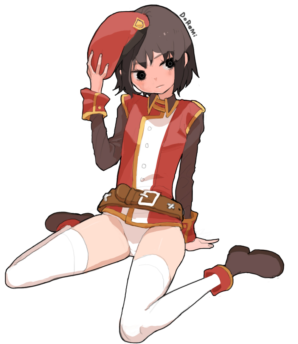 1girl, belt, beret, black_eyes, brown_hair, brown_shoes, closed_mouth, doremi_(doremi4704)