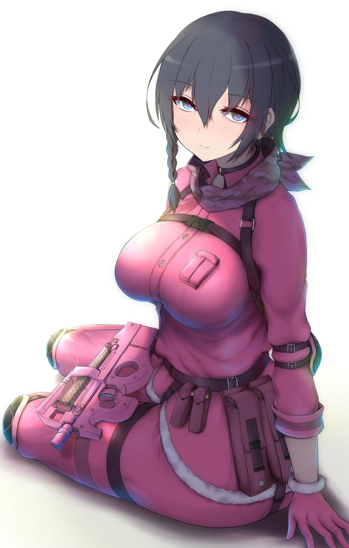 1girl, bandana, black_hair, blue_eyes, blush, braid, breast_pocket, breasts, bullpup, closed_mouth, cosplay, cute_weapon, female_focus, from_side, gloves, gradient_background, gun, hair_between_eyes, kohiruimaki_karen, large_breasts, llenn_(sao), llenn_(sao)_(cosplay), looking_at_viewer, looking_back, military, military_uniform, nikuku_(kazedesune), p-chan_(p90), p-chan_(sao), p90, personal_defense_weapon, pink_gloves, pocket, short_hair_with_long_locks, side_braid, sidelocks, single_braid, sitting, smile, solo, submachine_gun, sword_art_online, sword_art_online_alternative:_gun_gale_online, weapon, white_background, yokozuwari