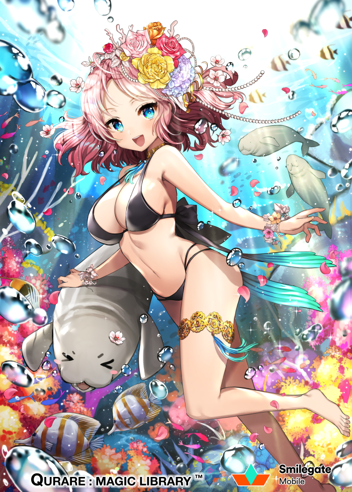>_<, :d, air_bubble, anklet, bare_shoulders, barefoot, bikini, black_bikini, blue_eyes, bracelet, breasts, bubble, copyright_name, day, dugong, fish, flower, gambe, gigo_(qurare), gold_thighlet, hair_flower, hair_ornament, jewelry, large_breasts, light_rays, looking_at_viewer, navel, official_art, open_mouth, pink_flower, pink_hair, pink_rose, qurare_magic_library, red_flower, red_rose, rose, sea_cow, short_hair, smile, solo, stomach, swimsuit, thighlet, thighs, underwater, watermark, yellow_flower, yellow_rose