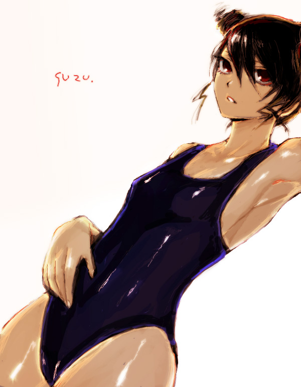 00s, 1girl, armpits, bad_id, bad_pixiv_id, black_one-piece_swimsuit, breasts, brown_hair
