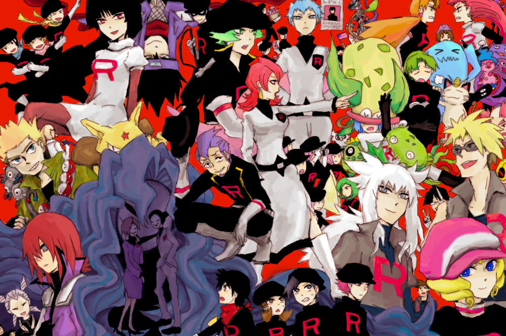 6+boys, 6+girls, :d, al_(pokemon_adventures), alakazam, arbok, atilla_(pokemon), bad_id, bad_pixiv_id, baseball_cap, blonde_hair, blunt_bangs, breasts, butch_(pokemon), cacnea, carl_(pokemon_adventures), carnivine, carr_(pokemon), cassidy_(pokemon), character_request, clothes_writing, delibird, ditto, domino_(pokemon), electrode_(pokemon), ethan_(pokemon), gen_1_pokemon, gen_2_pokemon, gen_3_pokemon, gen_4_pokemon, gym_leader, hat, holding, holding_unworn_clothes, holding_unworn_hat, hun_(pokemon), iron-masked_marauder, james_(pokemon), jessie_(pokemon), jewelry, kadabra, koffing, koga_(pokemon), lance_(pokemon), legendary_pokemon, logo, long_hair, lyra_(pokemon), magneton, masked_man_(pokemon_adventures), meowth, mewtwo, mime_jr., miyamoto_(pokemon), multiple_boys, multiple_girls, neo_team_rocket, nintendo, on_head, open_mouth, orm_(pokemon), pokemon, pokemon:_the_first_movie_-_mewtwo_strikes_back, pokemon_(anime), pokemon_(classic_anime), pokemon_(creature), pokemon_4ever_-_celebi:_the_voice_of_the_forest, pokemon_adventures, pokemon_heartgold_and_soulsilver, pokemon_on_head, pokemon_red/green/blue/yellow, red_(pokemon), red_hair, sabrina_(pokemon), sebastian_(pokemon), sham_(pokemon), short_hair, sidelocks, silver_(pokemon), sird_(pokemon), smile, sngw, sunglasses, lt._surge, team_rocket, team_rocket_grunt, team_rocket_uniform, tyson_(pokemon_ep235), unworn_hat, unworn_headwear, upper_body, v, very_long_hair, victreebel, wendy_(pokemon), wobbuffet