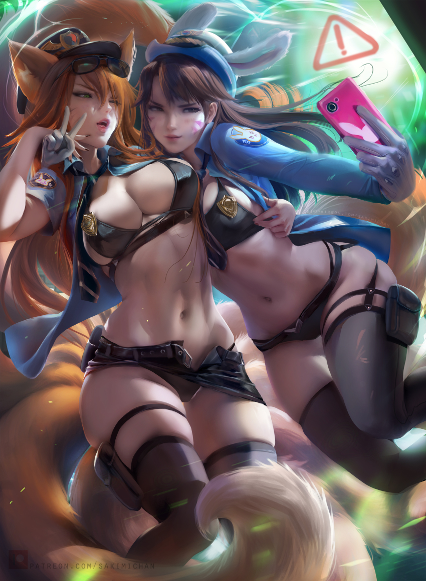 2girls, absurdres, ahri_(league_of_legends), animal_ears, bikini, bikini_top_only, breast_press, breasts, cleavage, d.va_(overwatch), facial_mark, fox_ears, fox_tail, hat, highres, large_breasts, league_of_legends, multiple_girls, nail_polish, navel, officer_d.va, overwatch, overwatch_1, phone, police, police_hat, police_uniform, policewoman, rabbit_ears, sakimichan, selfie, short_shorts, shorts, swimsuit, tail, thighhighs, unbuttoned, v, watermark, whisker_markings
