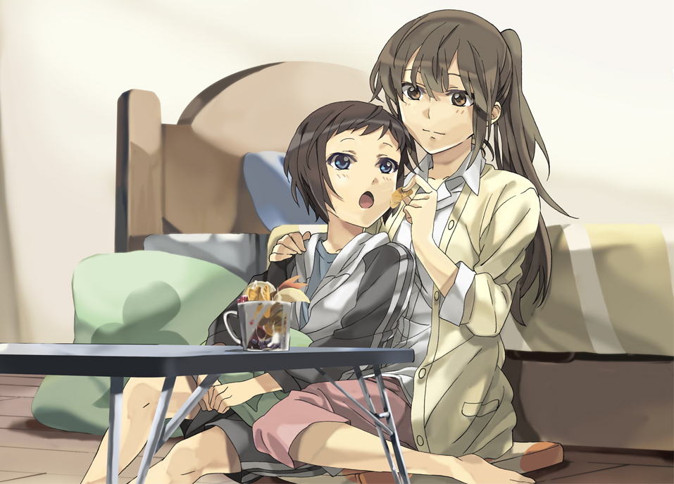2girls, barefoot, bed, bed_frame, blue_eyes, blush, brown_eyes, brown_hair