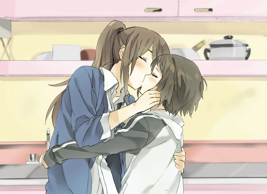 2girls, black_hair, blush, brown_hair, cupboard, closed_eyes, graphite_(medium), hand_on_another's_back, hareta, jacket, kiss, komano_hina, long_hair, long_sleeves, multiple_girls, okujou_no_yurirei-san, open_clothes, open_jacket, ponytail, pot, short_hair, sink, toomi_yuna, track_jacket, traditional_media, yuri