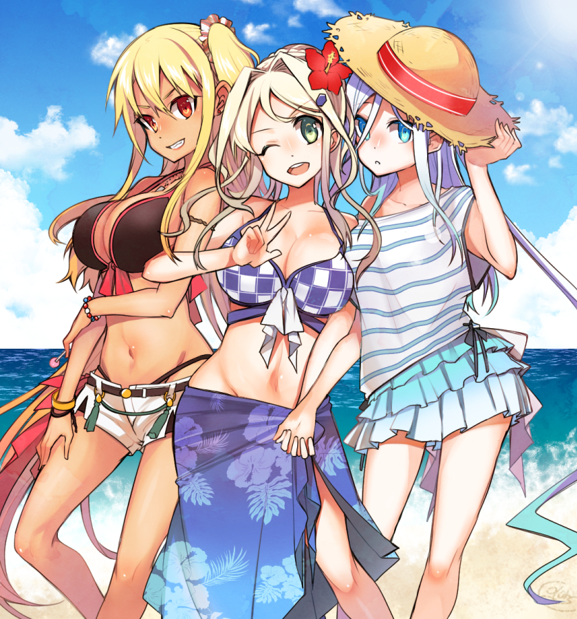 3girls, ah-64d_(rick_g_earth), amatsuki_colors, beach, bikini, black_bikini, blonde_hair, bracelet, breasts, candy, character_request, cleavage, cloud, cloudy_sky, day, food, gradient_hair, green_eyes, grin, hair_between_eyes, hair_intakes, hat, holding_hands, interlocked_fingers, jewelry, large_breasts, layered_bikini, locked_arms, lollipop, long_hair, looking_at_viewer, magach_6b_gal_batash_(rick_g_earth), multicolored_hair, multiple_girls, navel, ocean, one_eye_closed, one_side_up, purple_hair, red_eyes, rick_g_earth, sarong, shirt, shorts, silver_hair, sky, smile, straw_hat, striped_clothes, striped_shirt, swimsuit, t-72b3_(rick_g_earth), two-tone_hair, v, very_long_hair, white_shorts