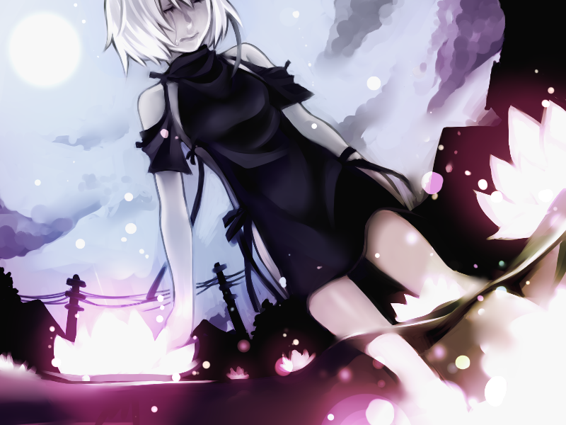 1girl, female_focus, fragile, fragile:_sayonara_tsuki_no_haikyo, kon_(pixiv345652), moon, namco, night, ren_(fragile), sky, solo, tears, town, water, white_hair