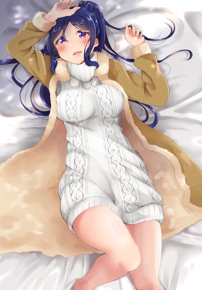 10s, 1girl, alternate_costume, aran_sweater, bed_sheet, blush, breasts, cable_knit, female_focus, from_above, highres, kawa_nen, large_breasts, long_hair, long_sleeves, looking_at_viewer, love_live!, love_live!_school_idol_festival, love_live!_school_idol_project, love_live!_sunshine!!, lying, matsuura_kanan, on_back, on_bed, open_mouth, ponytail, purple_eyes, solo, sweater