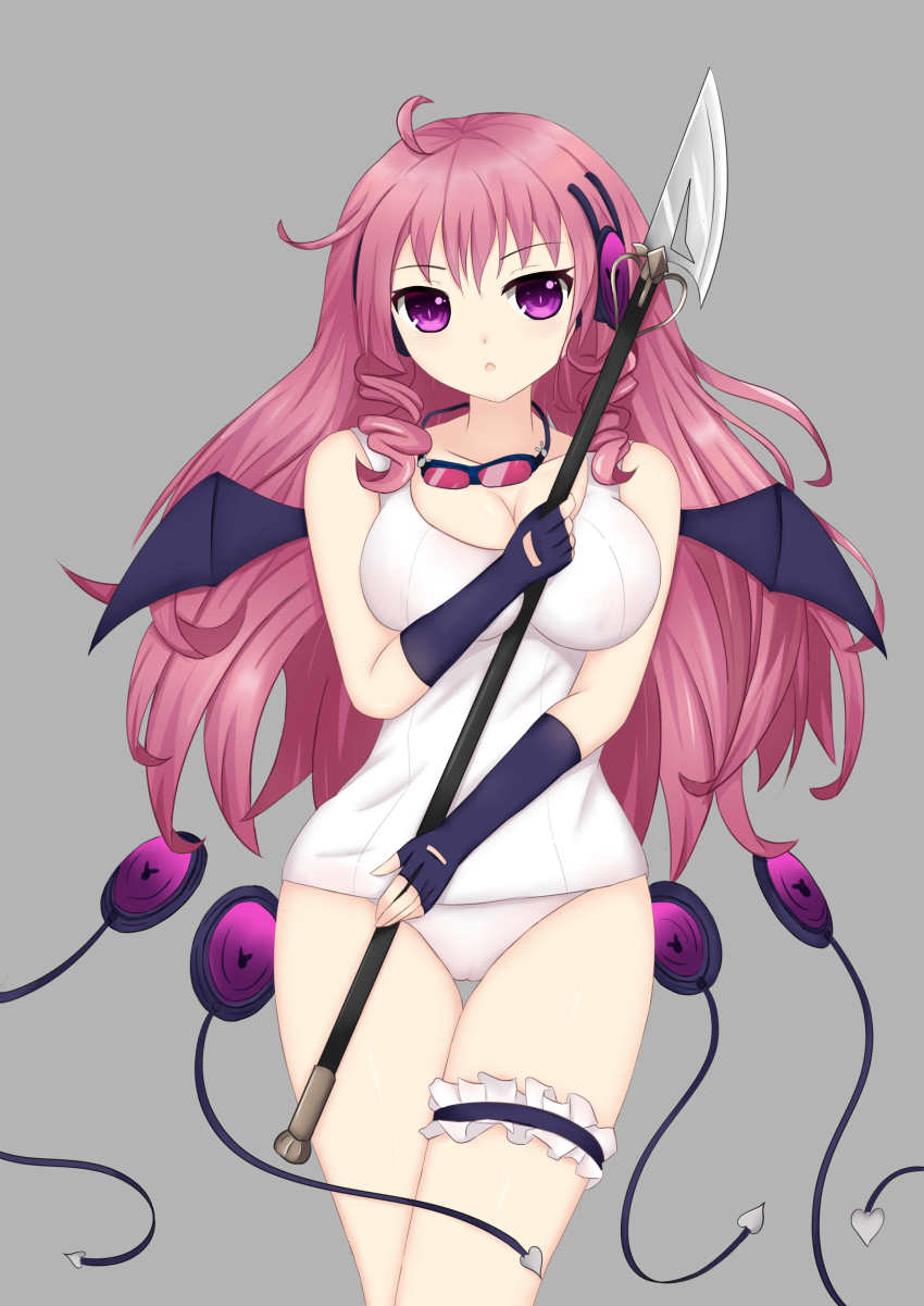 1girl, absurdres, breasts, cable, demon_wings, drill_hair, fingerless_gloves, gloves, goggles, goggles_around_neck, headphones, highres, intelia, large_breasts, mahou_shoujo_ikusei_keikaku, pink_eyes, pink_hair, polearm, spear, swim_swim, swimsuit, weapon, wings