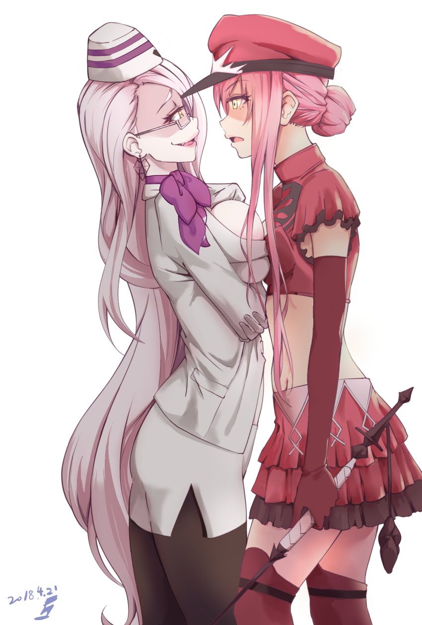 2girls, asymmetrical_docking, blush, breast_press, breasts, choker, elbow_gloves, fate/grand_order, fate_(series), glasses, gloves, hat, highres, holding, holding_riding_crop, koyanskaya_(fate), koyanskaya_(foreigner)_(first_ascension)_(fate), kurihara_kazuake, large_breasts, long_hair, looking_at_viewer, medb_(alluring_chief_warden_look)_(fate), medb_(fate), medium_breasts, military, military_uniform, multiple_girls, navel, peaked_cap, pink_hair, red_theme, ribbon_choker, riding_crop, skirt, smile, thighhighs, very_long_hair, yellow_eyes