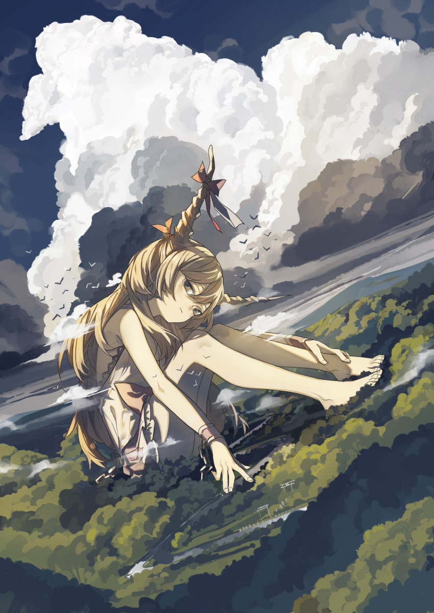 1girl, absurdres, azling, backless_outfit, bare_arms, bare_legs, barefoot, bird