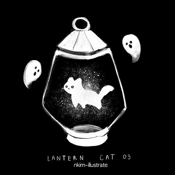 artist_name, black_background, cat, english_text, floating, ghost, glowing, greyscale, high_contrast, lantern, monochrome, nadia_kim, no_humans, original, simple_background, whiskers