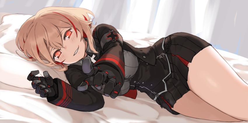 1girl, azur_lane, bed_sheet, black_gloves, black_jacket, black_skirt, blonde_hair, blush