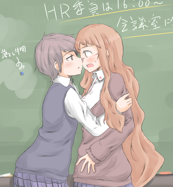 2girls, ano_fuji, blonde_hair, blush, brown_eyes, brown_hair, chalkboard, commentary_request