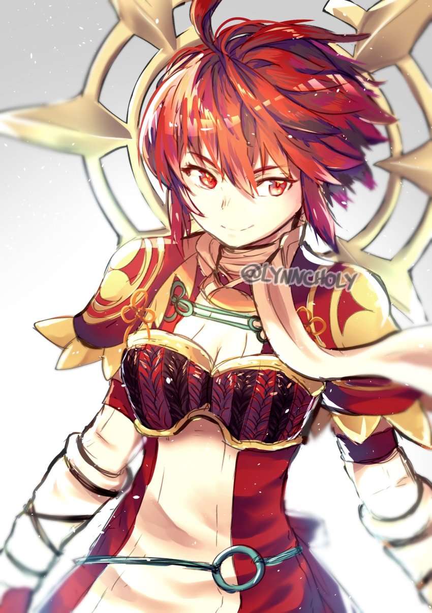 closed_mouth, fire_emblem, fire_emblem_fates, fire_emblem_heroes, highres, hinoka_(blue_sky_warrior)_(fire_emblem), hinoka_(fire_emblem), looking_to_the_side, meilynn-hayakan, nintendo, red_eyes, red_hair, short_hair, shoulder_pads, smile, solo, twitter_username, watermark