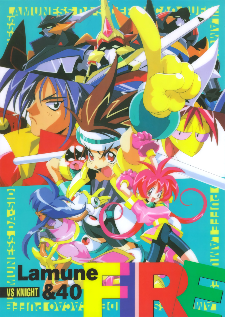 1990s_(style), arm_up, arms_up, baba_lemonade, bike_shorts, blue_hair, brown_hair, cacao_(lamune)