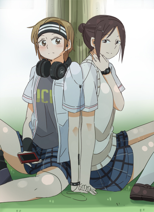 2girls, ariu_aki, blush, brown_eyes, brown_footwear, brown_hair, clothes_writing, couple, earphones, frown, hair_bun, headband, headphones, holding_hands, koba_youka, miya_(miyabi_24), multiple_girls, okujou_no_yurirei-san, shade, shared_earphones, shoes, short_sleeves, single_hair_bun, sitting, skirt, smile, tree, watch, wristwatch, yuri