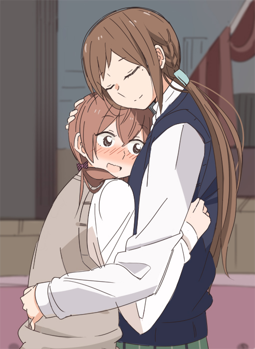 2girls, aihara_miki, blush, bow, braid, brown_hair, couple, closed_eyes