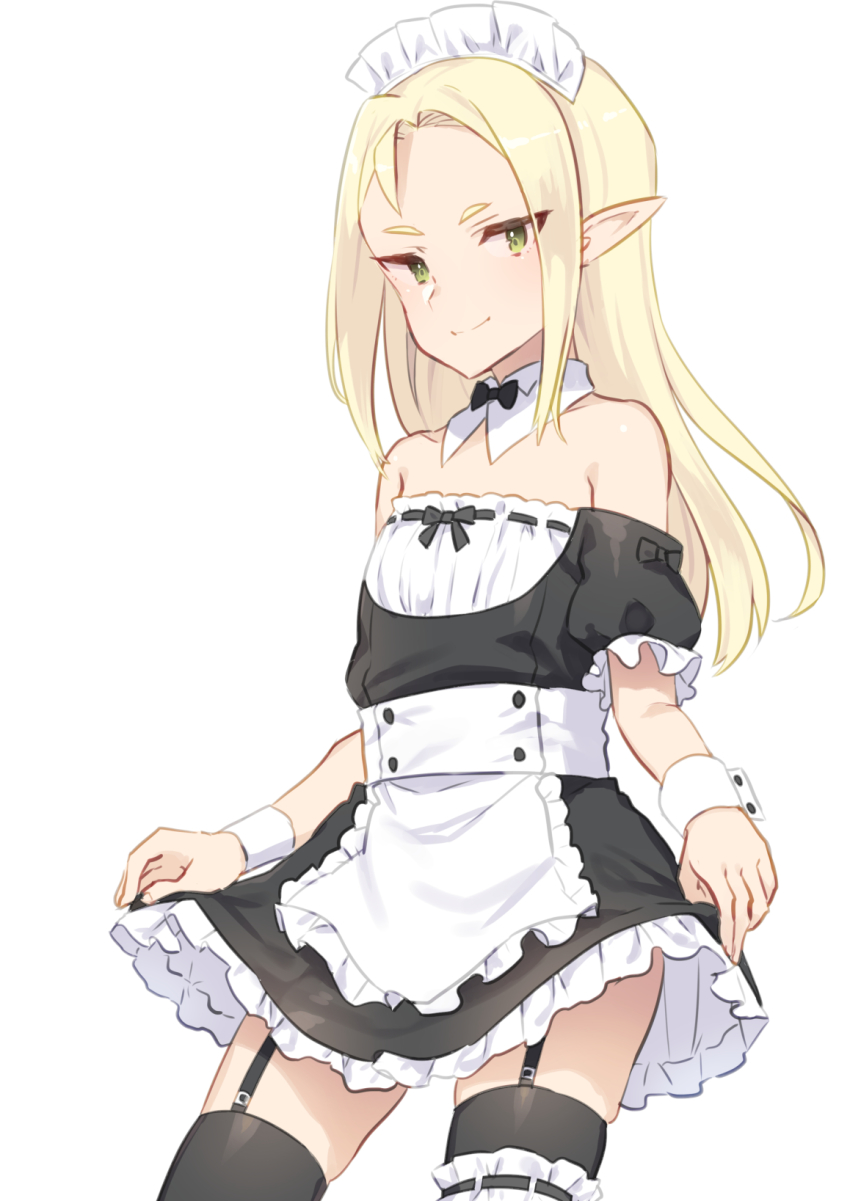 1boy, akagi_kurage, alternate_costume, apron, bishounen, blonde_hair, crossdressing, crossdressing_(mtf), dress, elf, enmaided, erik_burton, green_eyes, highres, holding_own_dress, long_hair, looking_at_viewer, maid, maid_apron, maid_headdress, male_focus, male_maid, pointy_ears, pop-up_story, simple_background, smile, solo, trap, waist_apron, white_background
