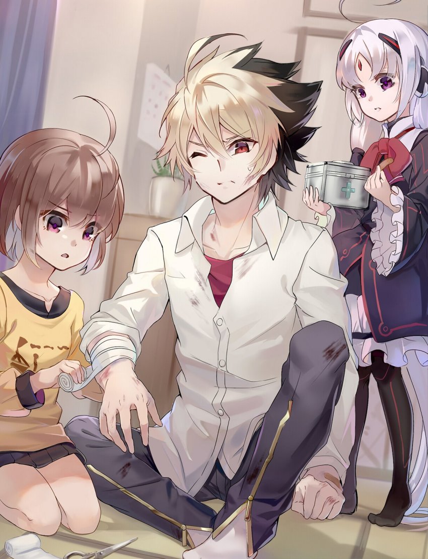 1boy, 2girls, ahoge, bandages, black_dress, black_hair, black_shirt, blonde_hair, brown_hair, buttons, collared_shirt, dress, first_aid, frills, headgear, highres, injury, kido_hyde, klllk, layered_clothes, linne_(under_night_in-birth), md5_mismatch, multicolored_hair, multiple_girls, red_eyes, red_ribbon, red_shirt, ribbon, shirt, under_night_in-birth, vatista_(under_night_in-birth), white_hair, yellow_shirt