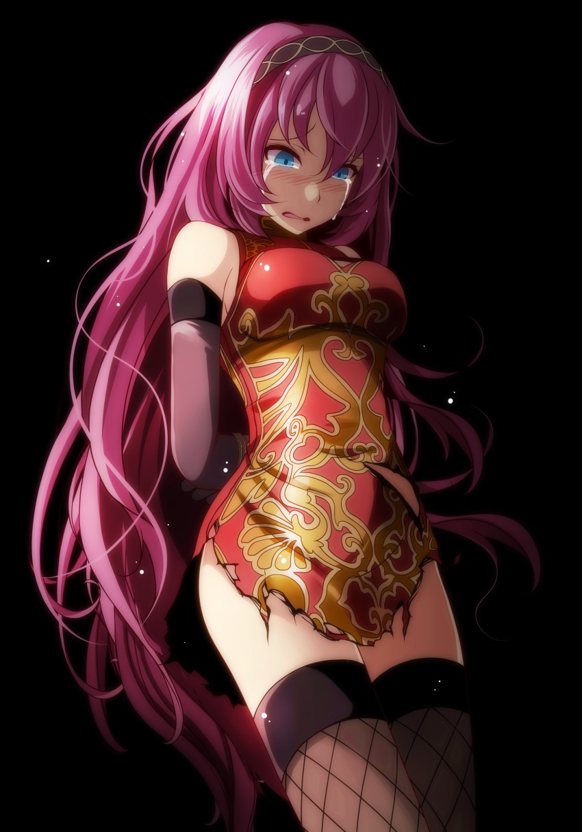 1girl, absurdres, arms_behind_back, bdsm, black_background, black_thighhighs, blue_eyes, bondage, bound, breasts, china_dress, chinese_clothes, cowboy_shot, crying, crying_with_eyes_open, detached_sleeves, dress, female_focus, hair_between_eyes, headband, highres, long_hair, medium_breasts, megurine_luka, megurine_luka_(kougyoku), open_mouth, pink_hair, project_diva_(series), red_dress, restrained, sideboob, simple_background, sleeveless, sleeveless_dress, solo, standing, tears, thighhighs, torn_clothes, torn_dress, tsukishiro_saika, very_long_hair, vocaloid