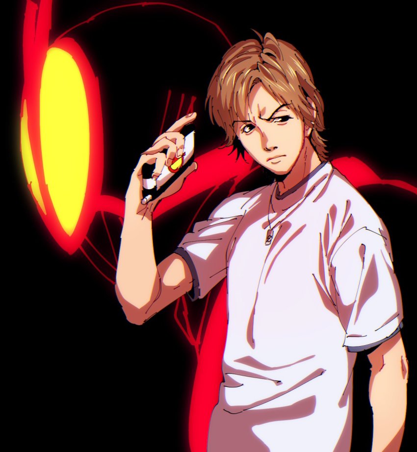 1boy, black_background, black_eyes, brown_hair, closed_mouth, commentary_request, glowing, highres