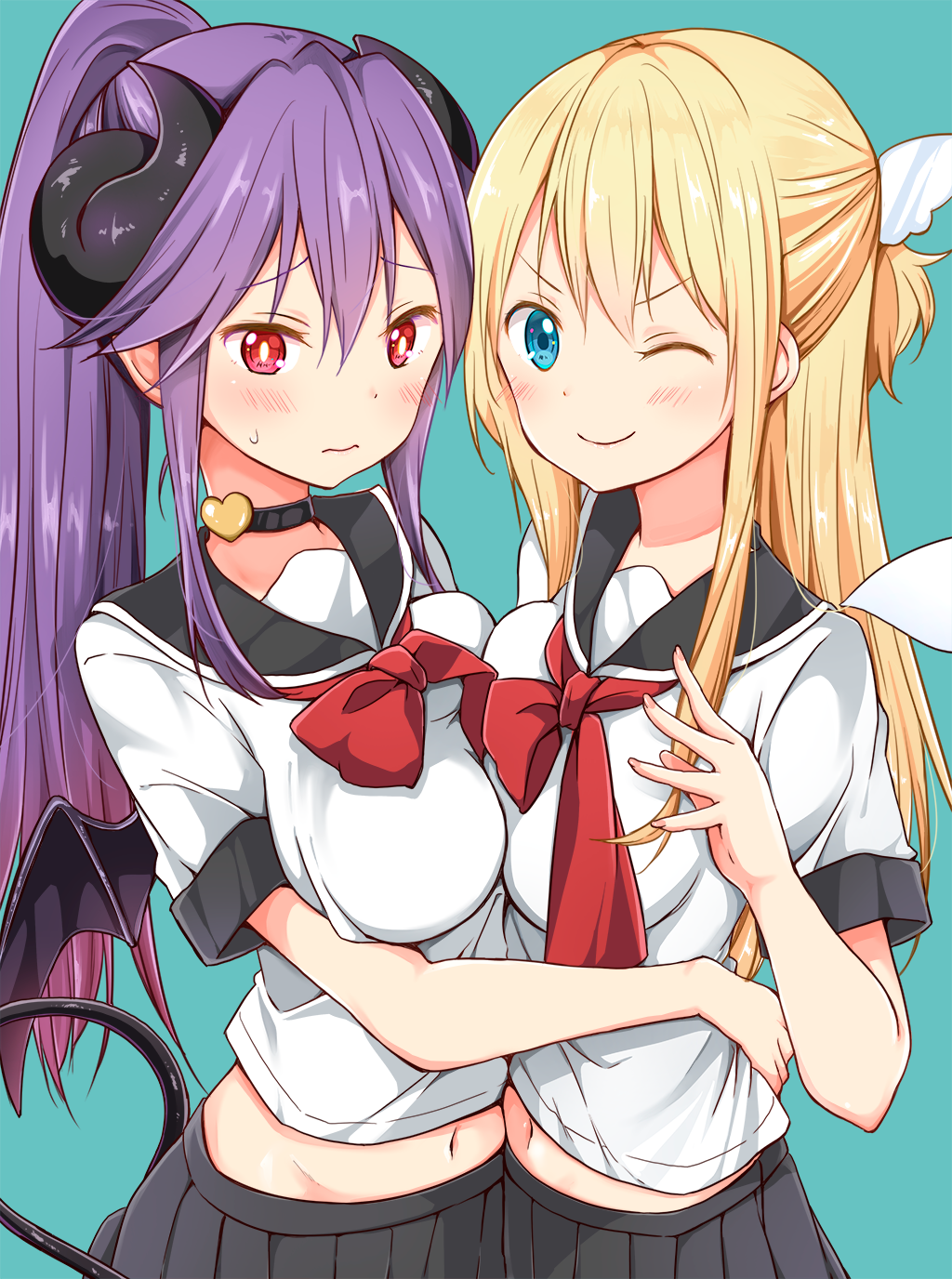 2girls, ;), amatsuka_poi, asymmetrical_docking, black_choker, black_sailor_collar, black_skirt, black_wings