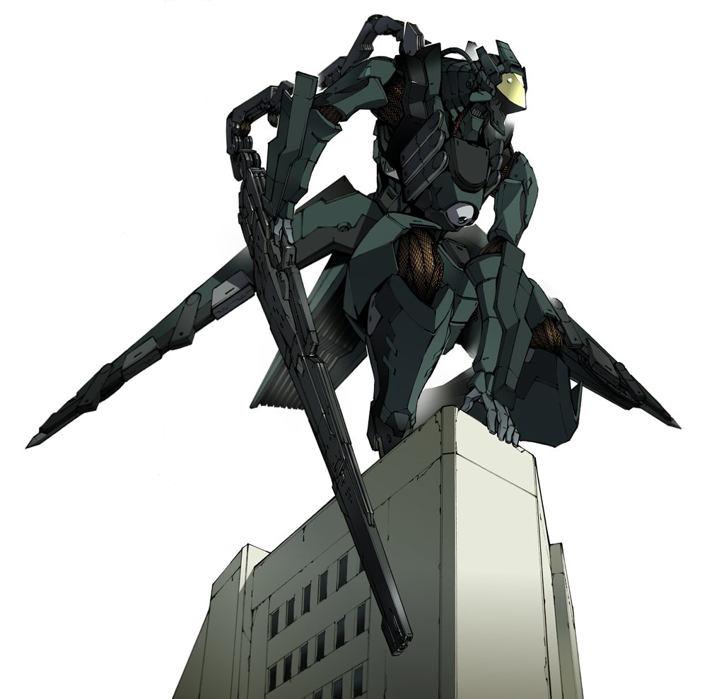 apparition_(kurogane_no_linebarrel), building, cable, gun, holding, holding_gun, holding_weapon, kurogane_no_linebarrel, looking_down, mecha, no_humans, rifle, robot, shimizu_eiichi, sniper_rifle, weapon, white_background