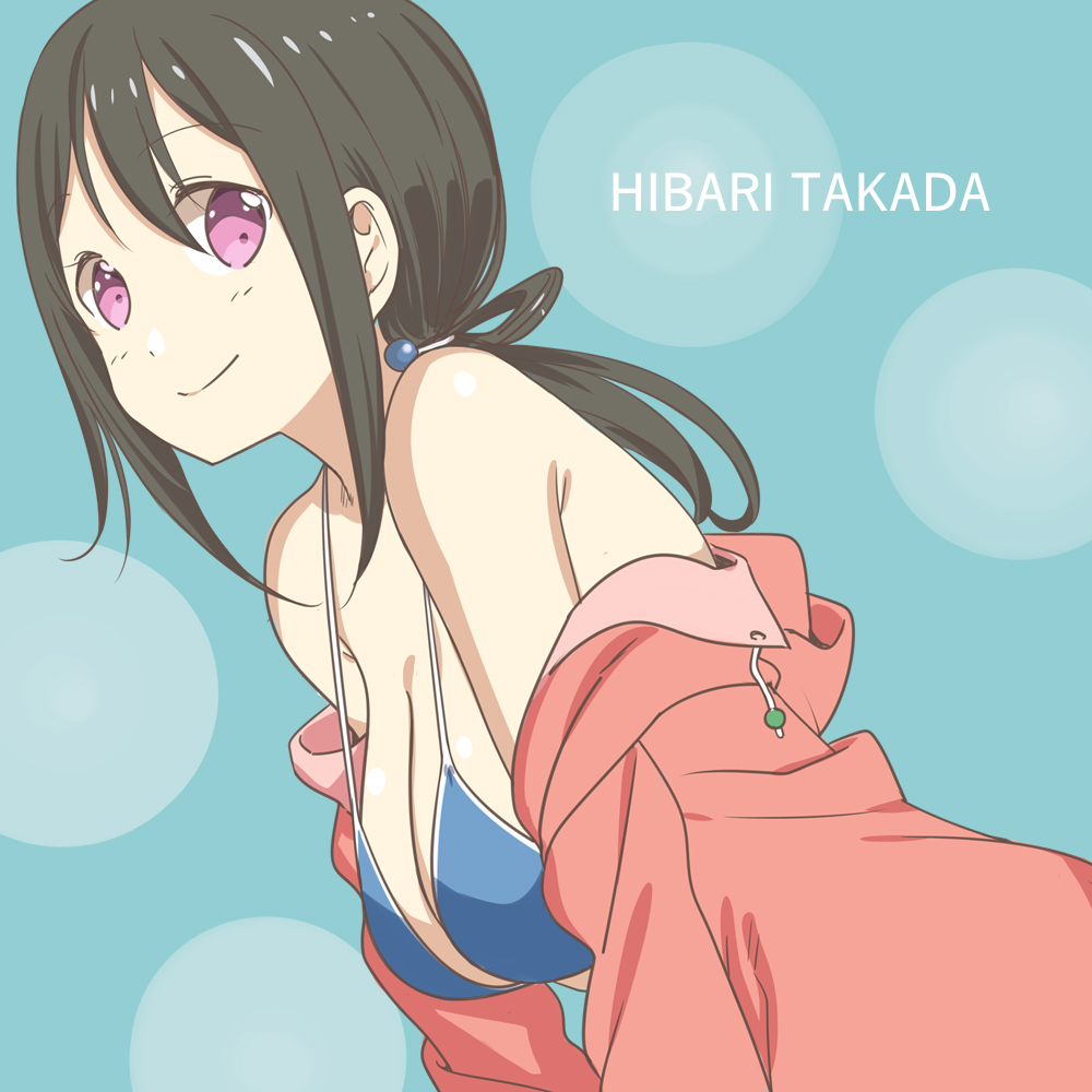 1girl, bad_id, bad_pixiv_id, bare_shoulders, bikini, black_hair, blue_background, blue_bikini